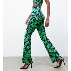Zara Retro Flare Pants Neon Green Blue Jacquard S Floral Print High Waist‎ 80s